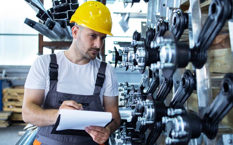 Industrial employee wearing uniform and yellow hardhat checking production in factory Industrial employee wearing uniform and yellow hardhat checking production in factory